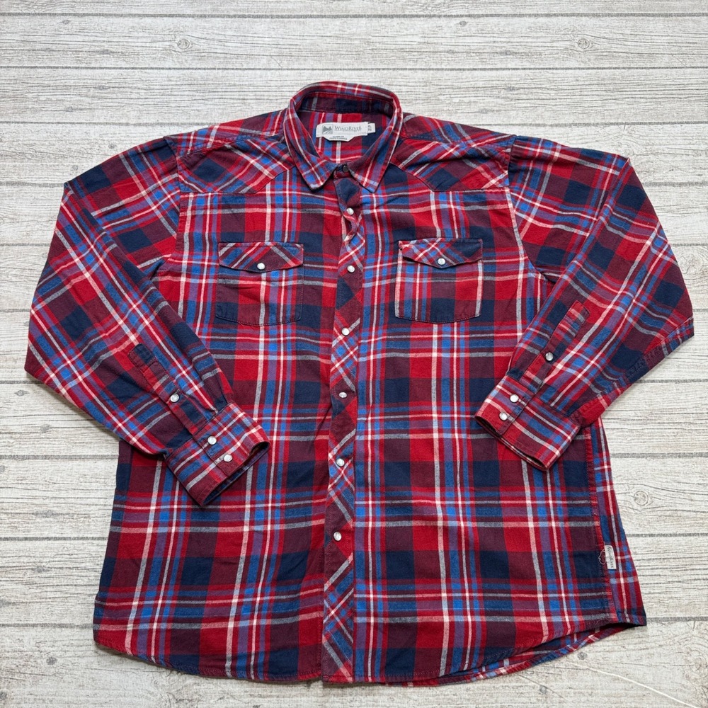 Wind River Flannel Shirt Men's XL Red Blue Plaid Western Pearl Snap Long Sleeve